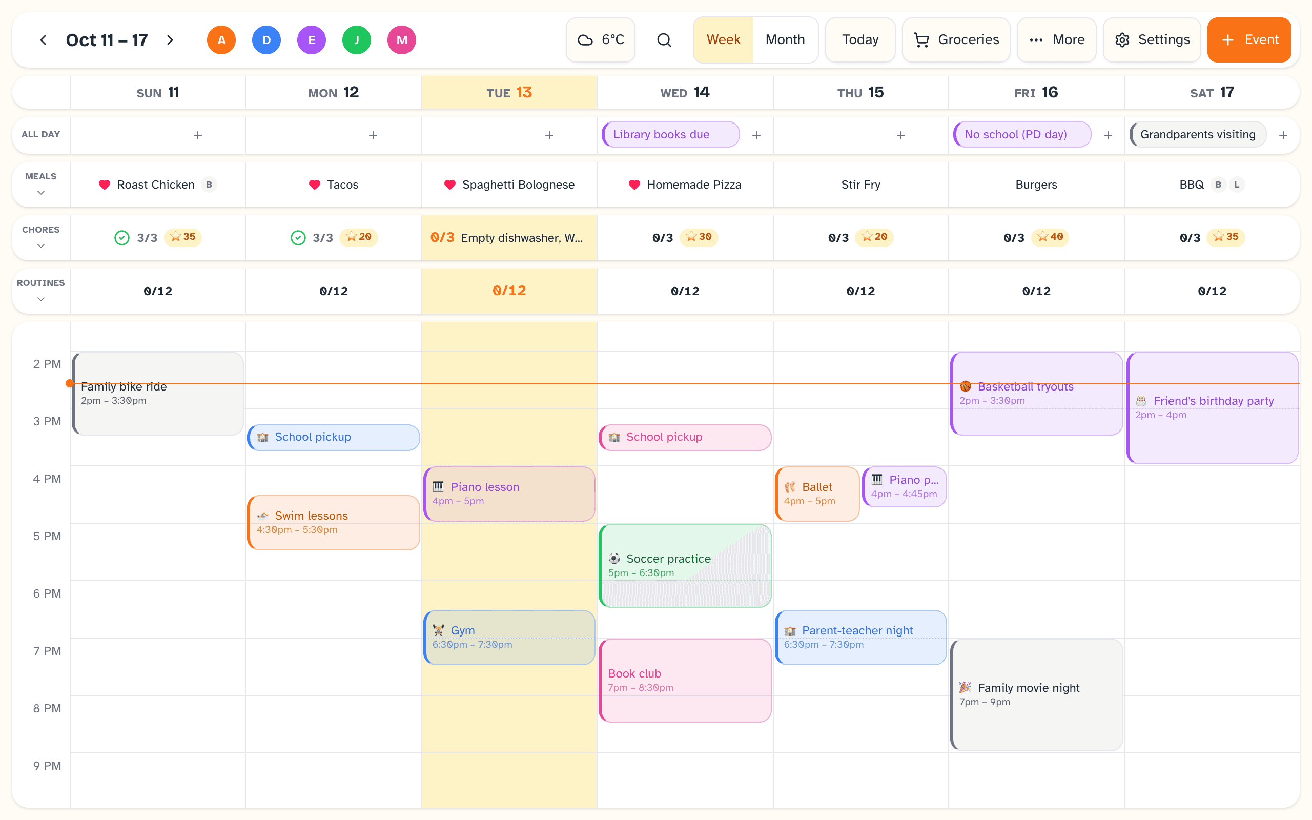 Daybreak week view on a tablet: one bar with the week, a colored dot for each family member and the weather, then all-day events, each day's dinner, how many of the day's chores and routines are done, and the afternoon's schedule hour by hour