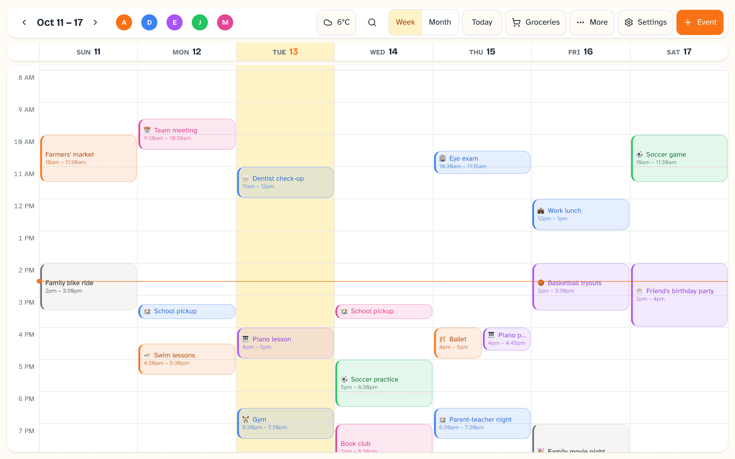 Daybreak weekly calendar with color-coded events for each family member