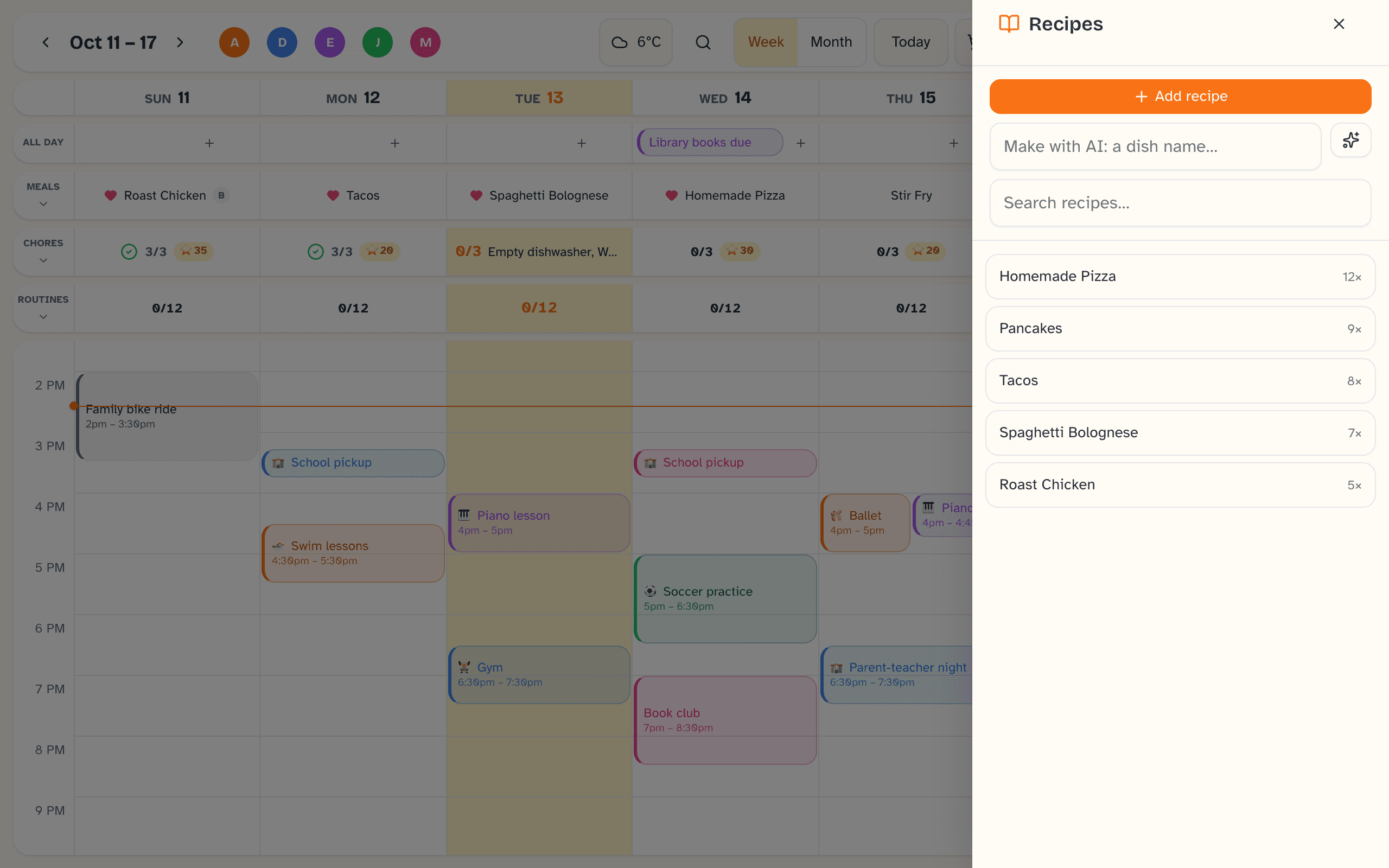 Daybreak meal planning view showing a family's favorite meals and the week's dinners
