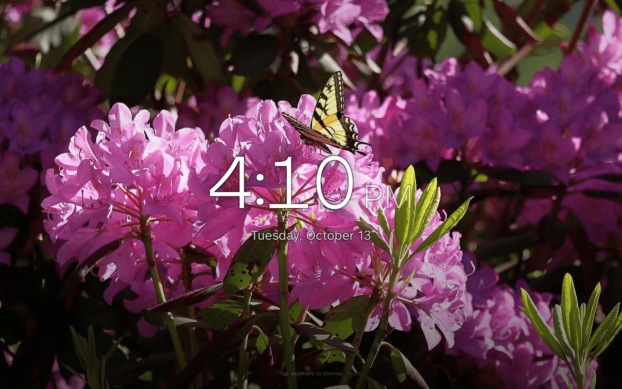 Daybreak photo screensaver on a tablet: a photo fills the screen behind a large clock and the date