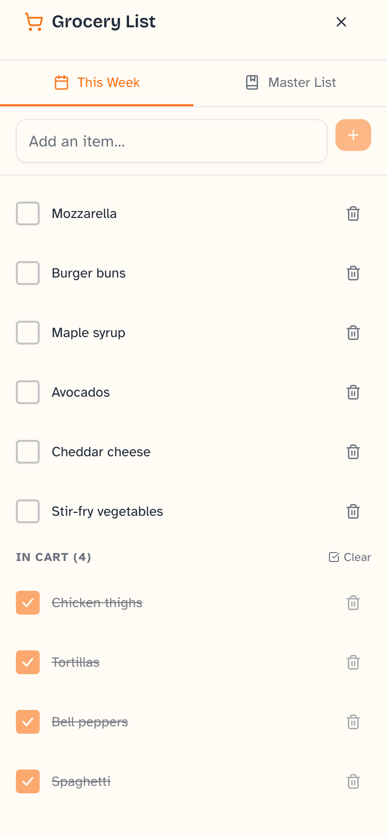 Daybreak grocery list with a master list and the current week's items